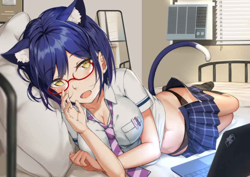 air_conditioner animal_ears black_legwear black_panties blouse blue_hair blue_skirt blurry blush breasts cat_ears cat_tail commentary computer depth_of_field eyebrows_visible_through_hair full_body highres indoors kneehighs laptop large_breasts looking_at_viewer loose_skirt lu" lying mirror mole mole_under_eye navel necktie nijisanji on_bed on_side open_mouth panties pillow plaid plaid_skirt pleated_skirt purple_neckwear red-framed_eyewear school_uniform semi-rimless_eyewear shizuka_rin short_hair shutter skirt solo striped striped_neckwear tail under-rim_eyewear underwear unzipped virtual_youtuber white_blouse white_pillow yellow_eyes youtube