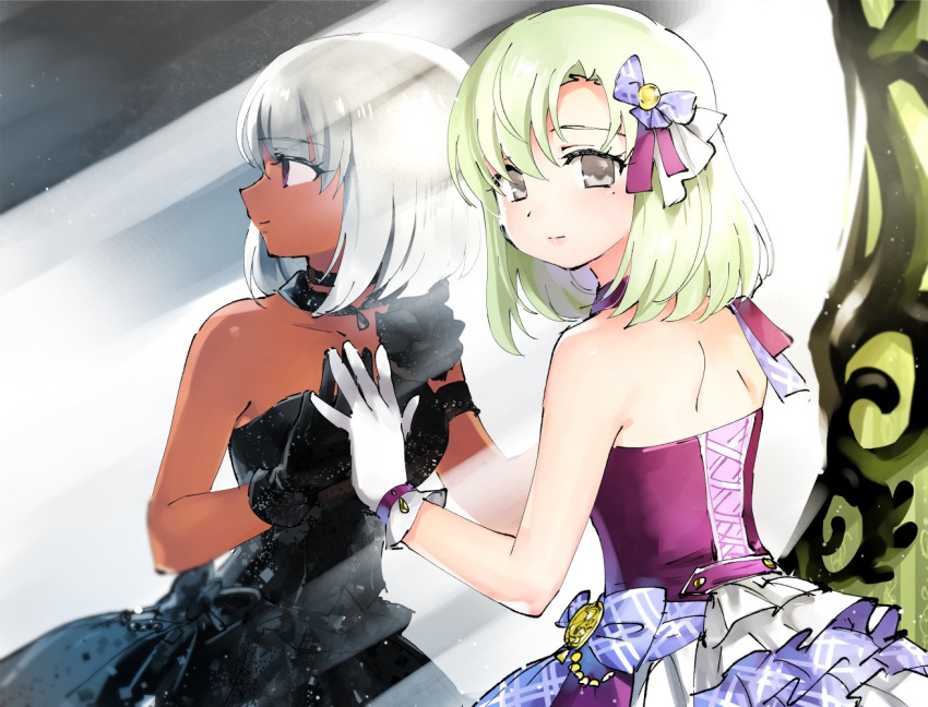 against_mirror back bare_arms bare_shoulders black_dress black_gloves brown_eyes commentary dark_skin different_reflection dress eyebrows_visible_through_hair from_behind gloves hand_on_mirror idol idolmaster idolmaster_(classic) idolmaster_stella_stage light_green_hair looking_at_viewer looking_back miridereningen mole mole_under_eye pale_skin purple_dress reflection revision shiika_(idolmaster) solo white_gloves white_hair