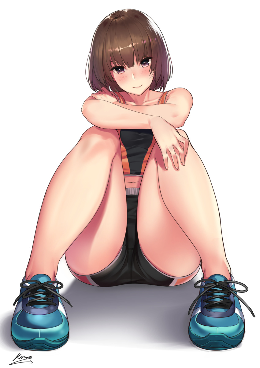 bangs bare_arms bare_legs bare_shoulders black_shorts blue_footwear blush brown_hair closed_mouth crossed_arms full_body hand_on_own_shoulder highres kagematsuri knees_up looking_at_viewer medium_hair midriff navel original purple_eyes shadow shiny shiny_hair shoes shorts signature simple_background sitting smile sneakers solo tank_top white_background