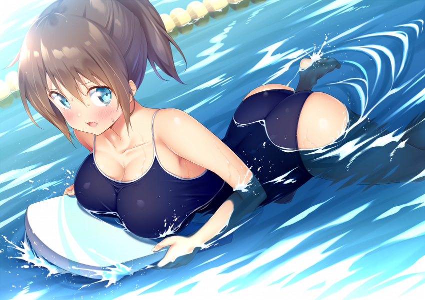 afloat arched_back ass bangs bare_arms bare_shoulders barefoot blue_eyes blue_swimsuit blush breast_press breasts brown_hair cleavage collarbone commentary_request competition_school_swimsuit dutch_angle embarrassed eyebrows_visible_through_hair from_side hair_between_eyes high_ponytail highres holding ichi_makoto impossible_clothes impossible_swimsuit kickboard lane_line large_breasts long_hair looking_at_viewer lying on_stomach one-piece_swimsuit open_mouth original partially_submerged ponytail pool raised_eyebrows ripples school_swimsuit short_hair short_ponytail sidelocks sideways_glance skindentation solo splashing spread_legs swimming swimsuit water wet