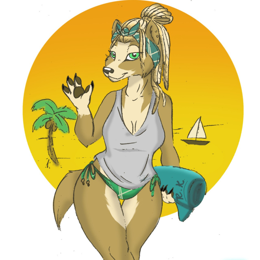 2018 anthro beach beach_side bikini blonde_hair boat breasts brown_fur butt canine claws clothed clothing coconut detailed_background digital_media_(artwork) dog dreadlocks female food fruit fur green_eyes hair hi_res invalid_tag looking_at_viewer mammal outside palm_tree ruby-kila sand sea seaside shirt simple_background sky smile solo standing swimsuit thick_thights thights towel tree vehicle water wide_hips