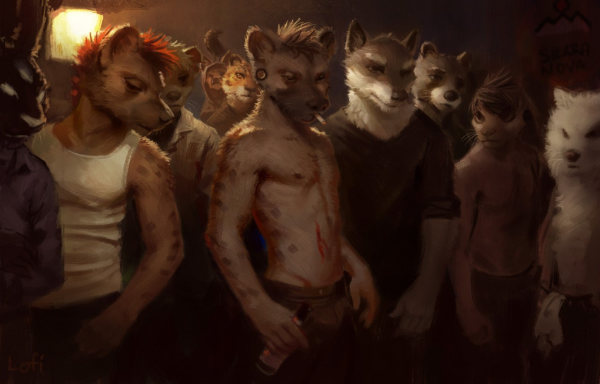 2016 5_fingers anthro beverage clothed clothing digital_media_(artwork) fight_club group hyena lagomorph lofi mammal rabbit topless whiskers