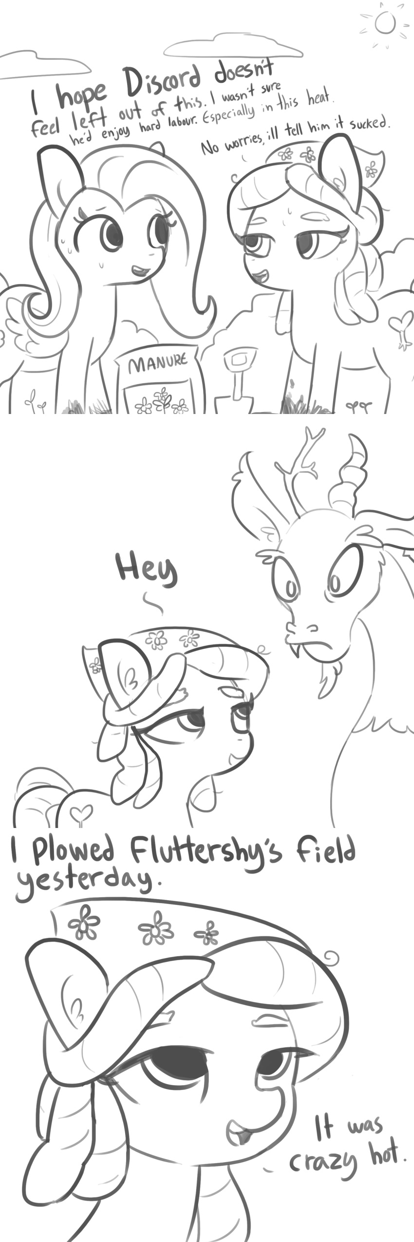 2018 cloud comic dialogue discord_(mlp) draconequus dreadlocks earth_pony english_text equine eyebrows eyelashes female feral fluttershy_(mlp) friendship_is_magic greyscale group hair horn horse male mammal monochrome my_little_pony outside pegasus pony simple_background sun text tjpones tree_hugger_(mlp) white_background wings