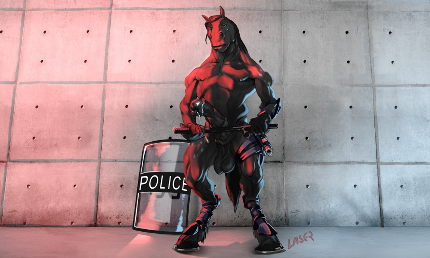 animal_genitalia animal_penis anthro balls baton big_penis clothed clothing digitigrade equine equine_penis erection flared_penis gun horse laser_(artist) looking_at_viewer male mammal partially_clothed pecs penis police precum ranged_weapon shield solo standing weapon