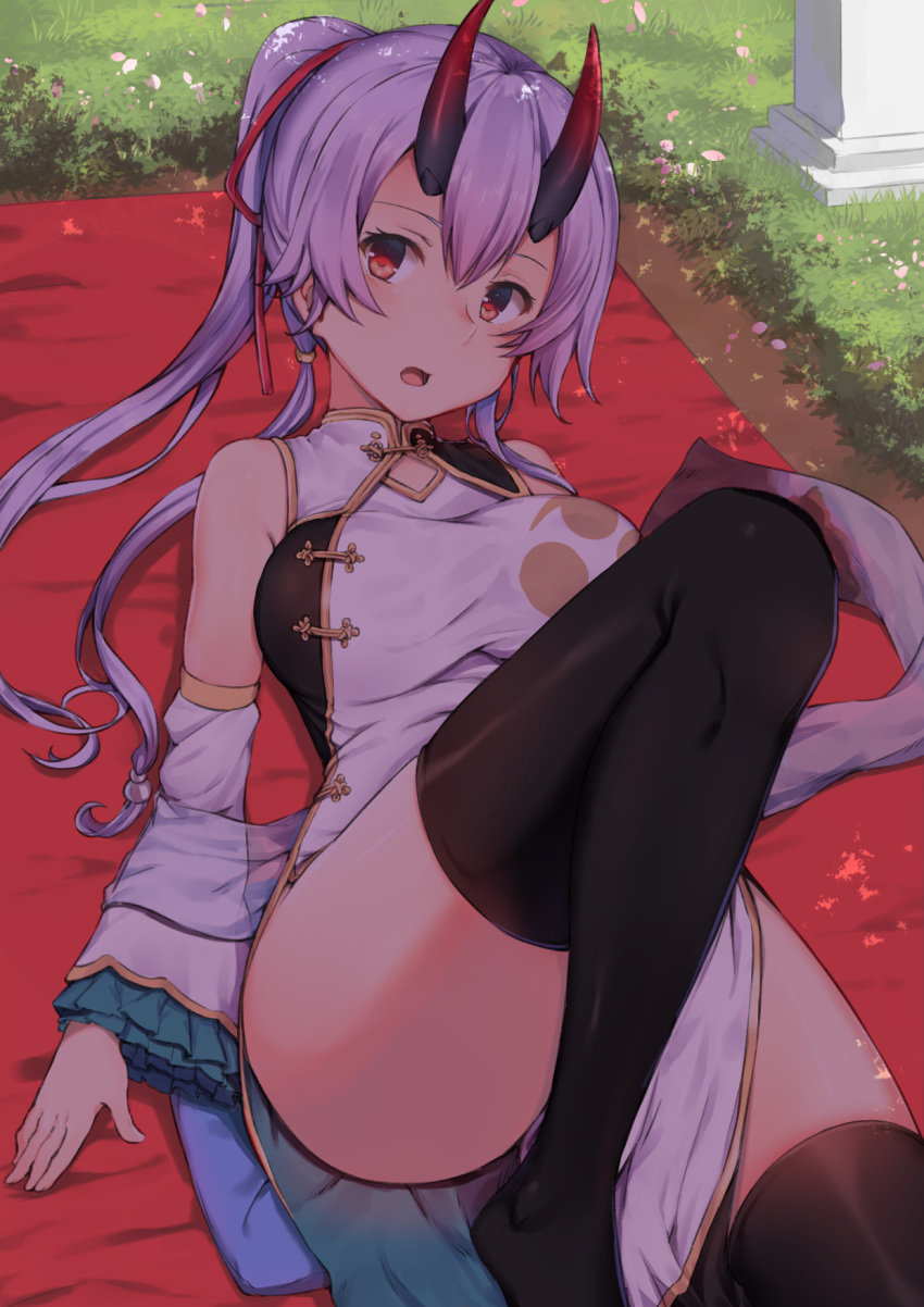 :o bangs bare_shoulders black_legwear blush breasts china_dress chinese_clothes commentary_request dappled_sunlight day detached_sleeves dress fate/grand_order fate_(series) feet_out_of_frame frilled_sleeves frills grass hair_between_eyes hair_ribbon head_tilt heroic_spirit_traveling_outfit highres kaname_(melaninusa09) knee_up large_breasts long_hair long_sleeves lying on_back oni_horns open_mouth outdoors pelvic_curtain ponytail purple_hair red_eyes red_ribbon ribbon shade shawl solo sunlight thighhighs thighs tomoe_gozen_(fate/grand_order) white_dress