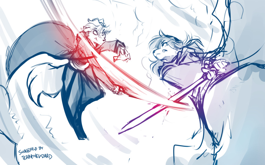 16:10 2018 angry anthro attack canine cape clenched_teeth clothed clothing clovis_(twokinds) crossover duo female fight fox hi_res holding_object holding_weapon hybrid keidran lightsaber male mammal monochrome natani robe simple_background sketch star_wars teeth tom_fischbach twokinds weapon webcomic white_background wolf