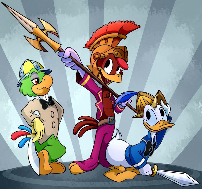 2018 4_fingers absurd_res anthro armor avian beak belt bird blue_sclera bottomless bow_tie chicken clothed clothing crossed_legs digital_drawing_(artwork) digital_media_(artwork) disney donald_duck duck feathers gloves green_feathers group half-closed_eyes helmet hi_res holding_object holding_weapon jos&eacute;_carioca legend_of_the_three_caballeros melee_weapon open_mouth open_smile panchito_pistoles parrot polearm pose red_eyes scepter simple_background smile spear sword tail_feathers the_three_caballeros weapon webbed_feet white_feathers x-blackpearl-x yellow_beak yellow_gloves