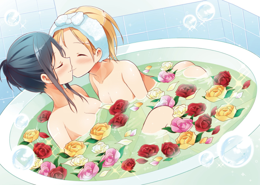 ^_^ bathing bathroom bathtub black_hair blonde_hair blush breasts bubble cleavage closed_eyes commentary_request convenient_censoring dutch_angle flower flower_on_liquid long_hair multiple_girls nude original petals petals_on_liquid pink_flower pink_rose red_flower red_rose rose rose_petals shared_bathing smile tachi_(gutsutoma) tied_hair tiles towel towel_on_head yellow_flower yellow_rose yuri