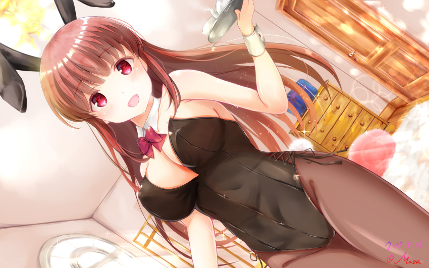 amatsu_kanata animal_ears black_leotard bow bowtie breasts brown_hair bunny_ears bunny_girl bunny_tail bunnysuit cleavage detached_collar door drawer dutch_angle girlfriend_(kari) highres lens_flare leotard long_hair looking_at_viewer masa_(mirage77) medium_breasts pantyhose red_eyes red_neckwear solo strapless strapless_leotard tail tray wrist_cuffs