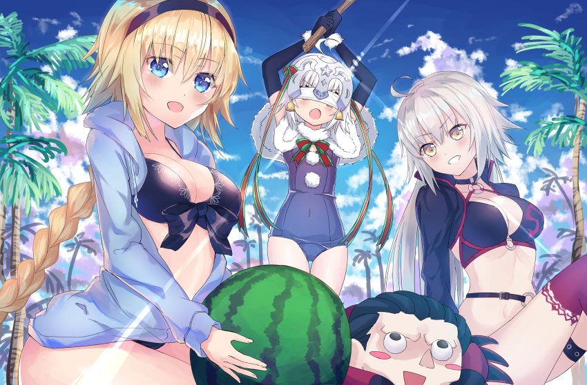 absurdres ahoge beach bikini black_bikini black_gloves black_jacket blonde_hair blue_eyes blue_sky blue_swimsuit blush bow braid breasts capelet caster_(fate/zero) cleavage cloud collarbone commentary_request cropped_jacket day elbow_gloves eyebrows_visible_through_hair fate/grand_order fate_(series) food front-tie_top fruit fur-trimmed_capelet fur_trim gloves green_bow green_ribbon hairband headpiece highres hood hooded_jacket huge_filesize jacket jeanne_d'arc_(alter_swimsuit_berserker) jeanne_d'arc_(fate)_(all) jeanne_d'arc_(swimsuit_archer) jeanne_d'arc_alter_santa_lily large_breasts long_braid long_hair looking_at_another looking_at_viewer multiple_girls muragaki_(sgxx4878) navel o-ring objectification one-piece_swimsuit outdoors palm_tree ribbon sand side-tie_bikini single_braid sitting sky standing stomach striped striped_ribbon suikawari sunlight swimsuit sword tree unzipped very_long_hair watermelon weapon white_capelet wooden_sword yellow_eyes