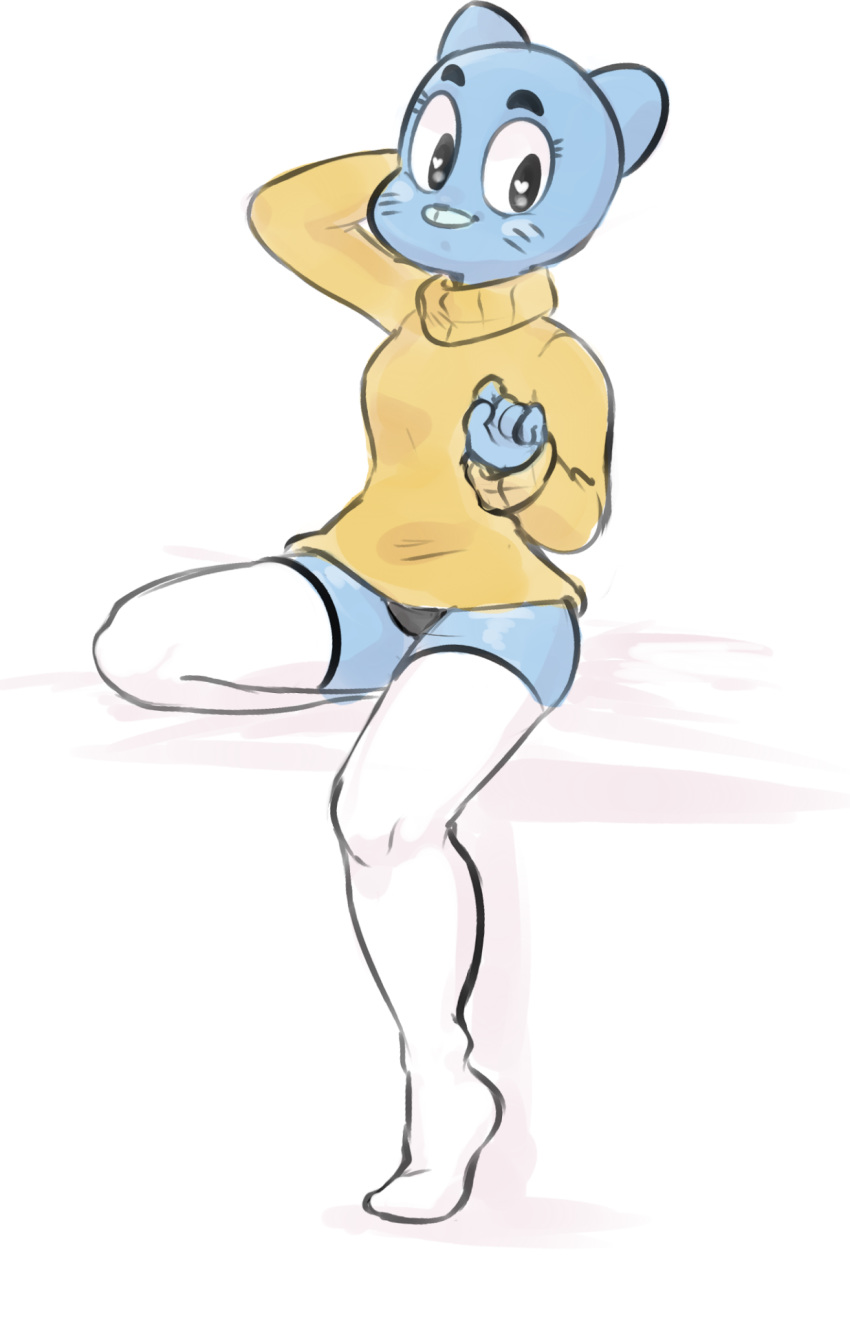 &lt;3 &lt;3_eyes 5_fingers anthro blue_fur bottomless cartoon_network clothed clothing feline female fur legwear looking_at_viewer mammal mature_female nicole_watterson panties simple_background solo stockings sweater the_amazing_world_of_gumball underwear unknown_artist white_background