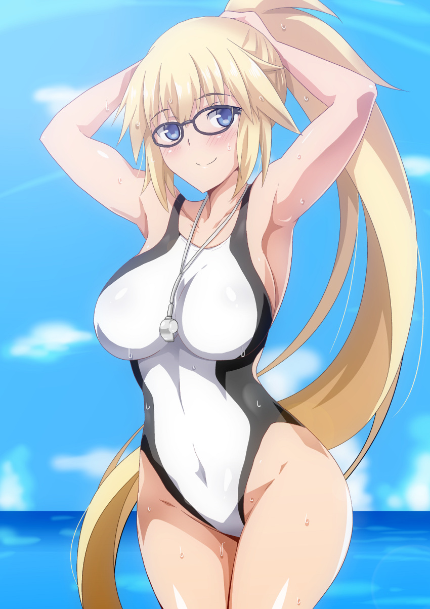 armpits arms_behind_head arms_up bangs bare_shoulders black-framed_eyewear black_swimsuit blonde_hair blue_eyes blue_sky blush breasts closed_mouth cloud collarbone commentary_request competition_swimsuit covered_navel day eyebrows_visible_through_hair fate/grand_order fate_(series) glasses groin hair_between_eyes hera_(hara0742) highleg highleg_swimsuit highres hips impossible_clothes impossible_swimsuit jeanne_d'arc_(fate)_(all) jeanne_d'arc_(swimsuit_archer) large_breasts legs_together light_smile long_hair long_ponytail looking_at_viewer ocean one-piece_swimsuit outdoors ponytail skin_tight sky smile solo standing swimsuit thighs two-tone_swimsuit tying_hair very_long_hair water wet whistle whistle_around_neck white_swimsuit