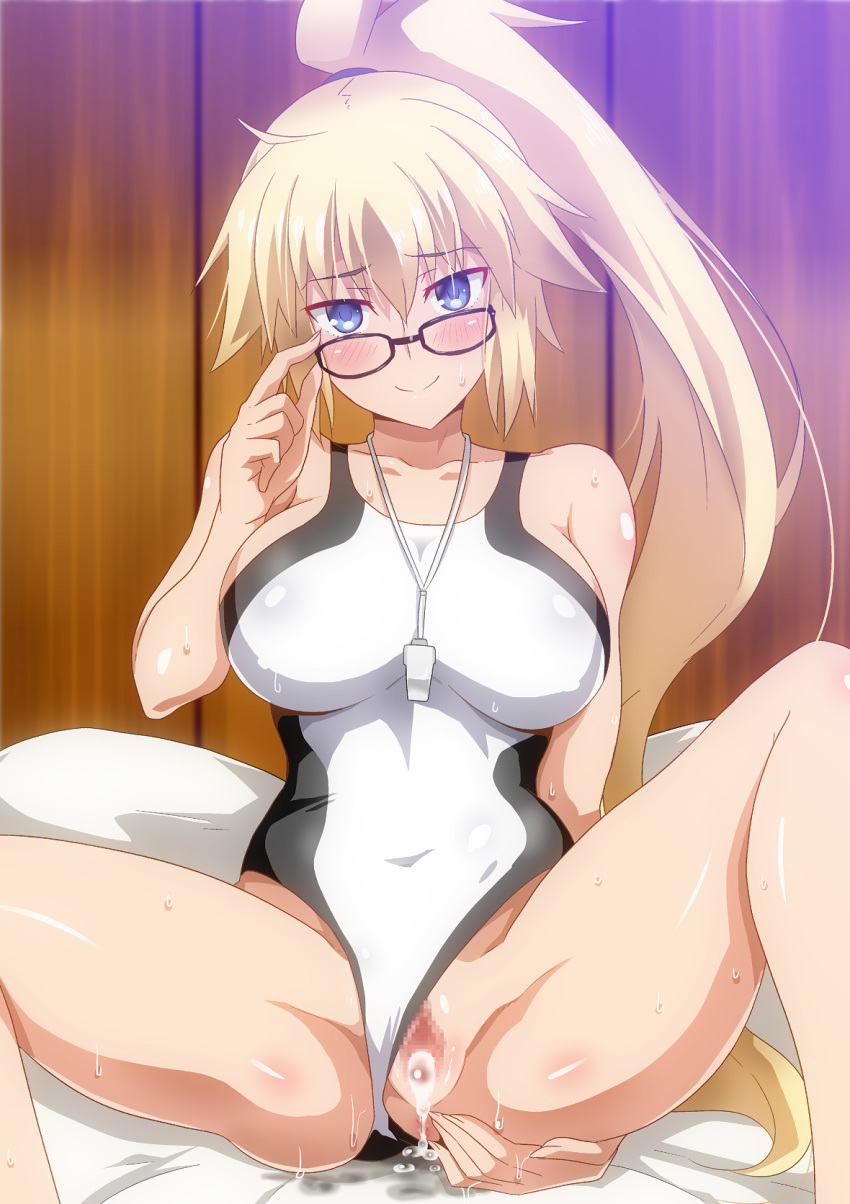 adjusting_eyewear after_sex after_vaginal anus arm_behind_back bangs bare_shoulders black-framed_eyewear black_swimsuit blonde_hair blue_eyes blush body_blush breasts censored closed_mouth collarbone commentary_request competition_swimsuit covered_navel cum cum_in_pussy cumdrip eyebrows_visible_through_hair fate/grand_order fate_(series) feet_out_of_frame glasses groin_tendon hair_between_eyes hair_tie hand_up hera_(hara0742) high_ponytail highres hips indoors jeanne_d'arc_(fate)_(all) jeanne_d'arc_(swimsuit_archer) knee_up large_breasts light_smile long_hair long_ponytail looking_at_viewer mosaic_censoring multicolored multicolored_clothes multicolored_swimsuit on_bed one-piece_swimsuit ponytail raised_eyebrows shiny shiny_skin sideboob sidelocks sitting skin_tight smile solo spread_legs sweat swimsuit swimsuit_aside thighs two-tone_swimsuit very_long_hair whistle whistle_around_neck white_swimsuit