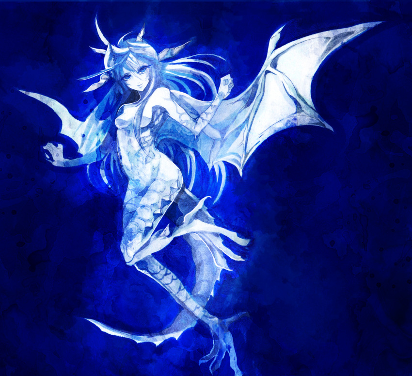 1girl blue_eyes breasts dragon_girl dragon_tail dragon_wings female glowing long_hair monster_girl no_nipples nude original solo tail wings yonabari