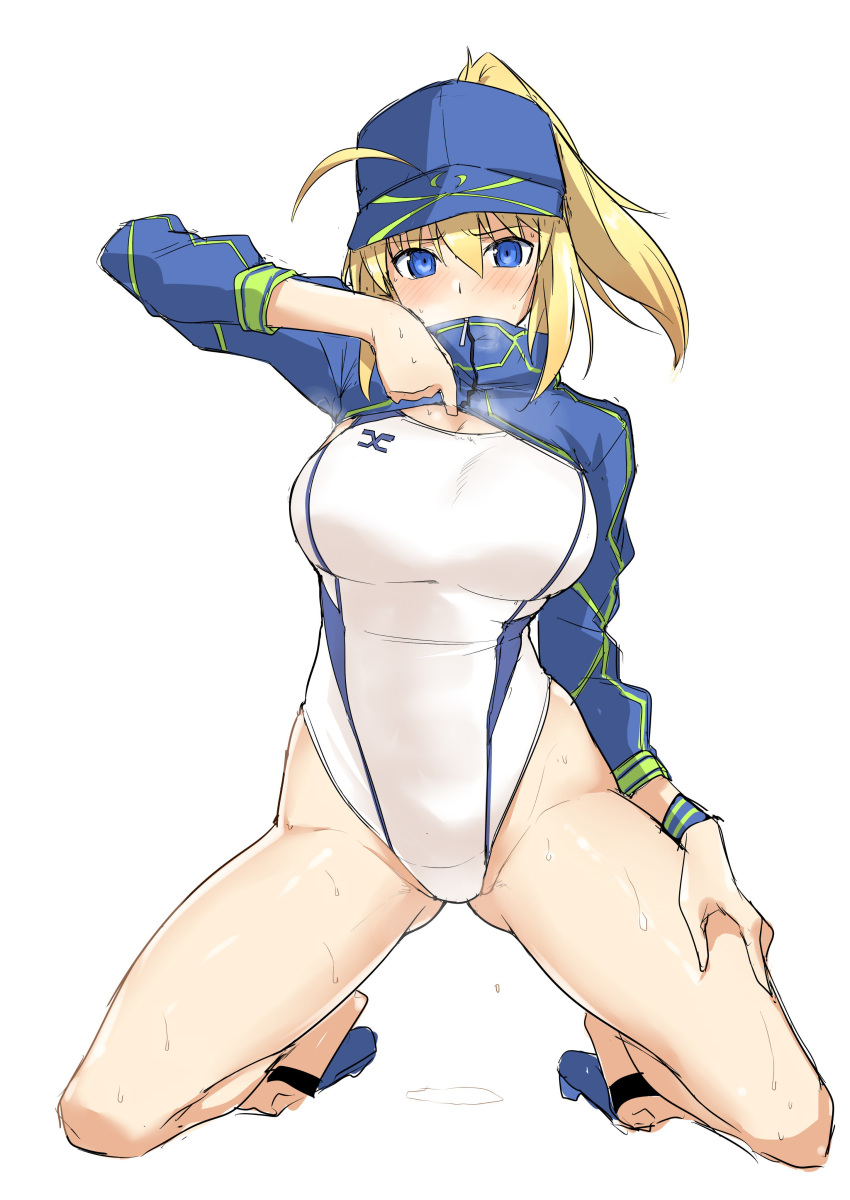 absurdres artoria_pendragon_(all) ass_visible_through_thighs blonde_hair blue_eyes blue_jacket competition_swimsuit fate/grand_order fate_(series) full_body hair_through_headwear harukon_(halcon) highres jacket jacket_lift kneeling long_hair mysterious_heroine_xx_(foreigner) one-piece_swimsuit ponytail shrug_(clothing) simple_background solo swimsuit swimsuit_under_clothes track_jacket white_background white_swimsuit