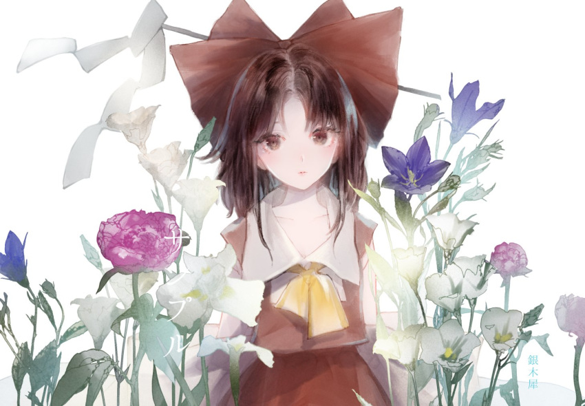 ascot bangs bare_shoulders bow brown_eyes brown_hair closed_mouth collared_shirt commentary detached_sleeves flower gin_fragrans hair_between_eyes hair_bow hair_tubes hakurei_reimu long_sleeves medium_hair ribbon-trimmed_sleeves ribbon_trim shirt sidelocks simple_background sleeveless sleeveless_shirt solo standing touhou upper_body white_background wide_sleeves yellow_neckwear