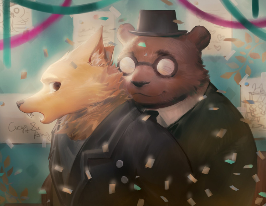 2017 angus_(nitw) anthro bear black_nose canine clothed clothing duo eyewear fangs fox gharne glasses gregg_(nitw) hat mammal night_in_the_woods open_mouth