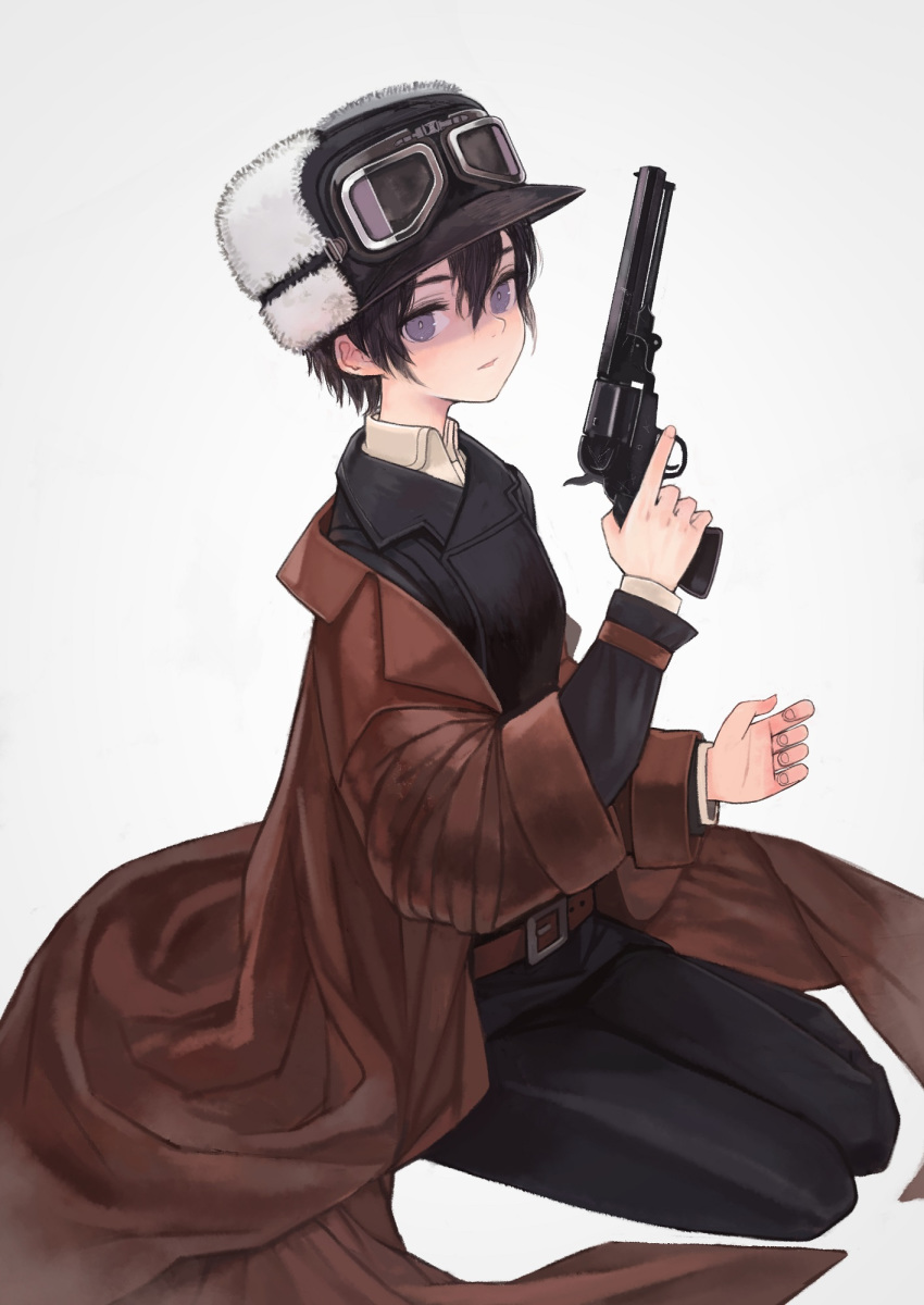 androgynous bangs belt belt_buckle black_hair black_jacket black_pants blue_eyes buckle collared_shirt colt_1851_navy commentary fur_hat goggles goggles_on_headwear grey_background gun hair_between_eyes handgun hat highres holding holding_weapon jacket kino kino_no_tabi long_sleeves looking_at_viewer looking_to_the_side nose oversized_clothes pants reverse_trap revolver shirt shirt_under_jacket short_hair simple_background sitting solo trench_coat visible_ears weapon white_pupils white_shirt window1228 yokozuwari