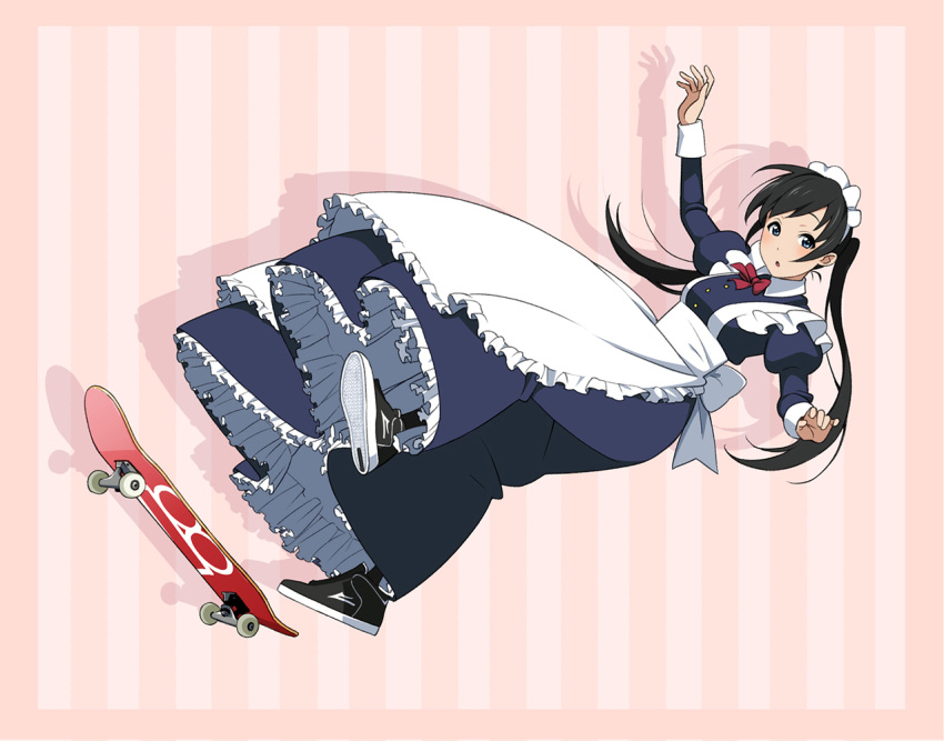 apron black_hair blue_eyes commentary_request dress frills long_dress maid maid_apron maid_headdress original patterned_background shoes skateboard sneakers solo suzushiro_(suzushiro333) twintails