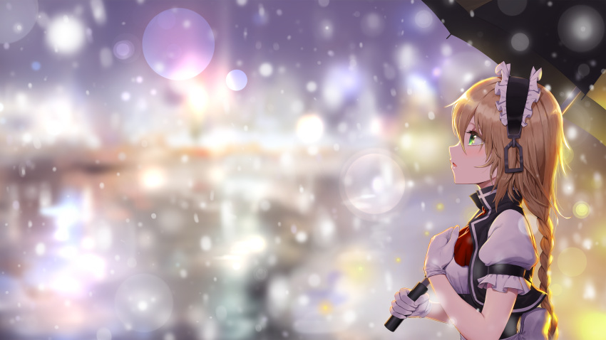 absurdres alternate_eye_color apron bangs blonde_hair blurry blurry_background blush bokeh braid breasts city_lights commentary_request cropped_vest depth_of_field dress eyebrows_visible_through_hair from_side g36_(girls_frontline) girls_frontline gloves greem_bang green_eyes hair_between_eyes highres holding holding_umbrella long_hair looking_up maid maid_apron maid_headdress medium_breasts open_clothes open_vest outdoors puffy_short_sleeves puffy_sleeves red_neckwear short_sleeves sidelocks single_braid snow snowing solo tearing_up umbrella very_long_hair vest white_gloves