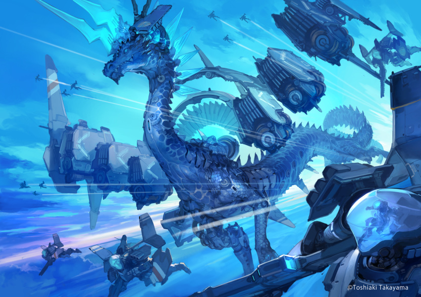 blue clouds dragon mecha original polychromatic sky takayama_toshiaki watermark