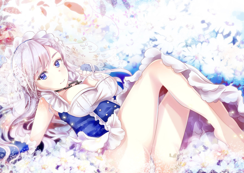 ass azur_lane bangs bare_legs belfast_(azur_lane) blue_eyes blue_gloves breasts broken broken_chain chain cleavage closed_mouth commentary_request dress elbow_gloves eyebrows_visible_through_hair flower gloves large_breasts long_hair lying mutang on_back panties see-through silver_hair sleeveless sleeveless_dress solo underwear veil very_long_hair white_flower white_panties