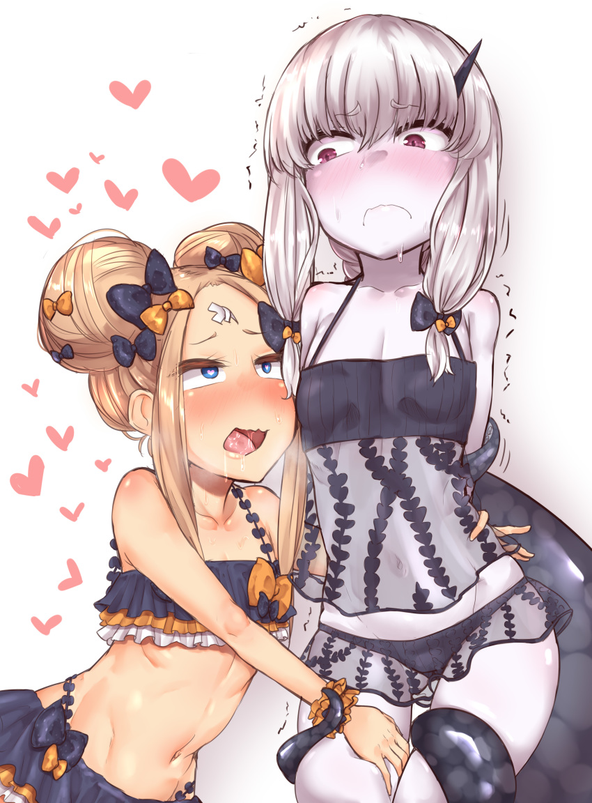 abigail_williams_(fate/grand_order) absurdres bangs bare_shoulders bikini black_bikini black_bow blue_eyes blush bow closed_mouth collarbone commentary_request double_bun emerald_float eye_contact eyebrows_visible_through_hair fate/grand_order fate_(series) female_pervert hair_bow heart heart-shaped_pupils highres horn lavinia_whateley_(fate/grand_order) light_brown_hair looking_at_another makano_mucchi multiple_girls navel open_mouth orange_bow pale_skin parted_bangs pervert polka_dot polka_dot_bow purple_eyes saliva sanpaku see-through side_bun sidelocks silver_hair suction_cups sweat swimsuit symbol-shaped_pupils tentacles trembling wavy_mouth white_background yuri