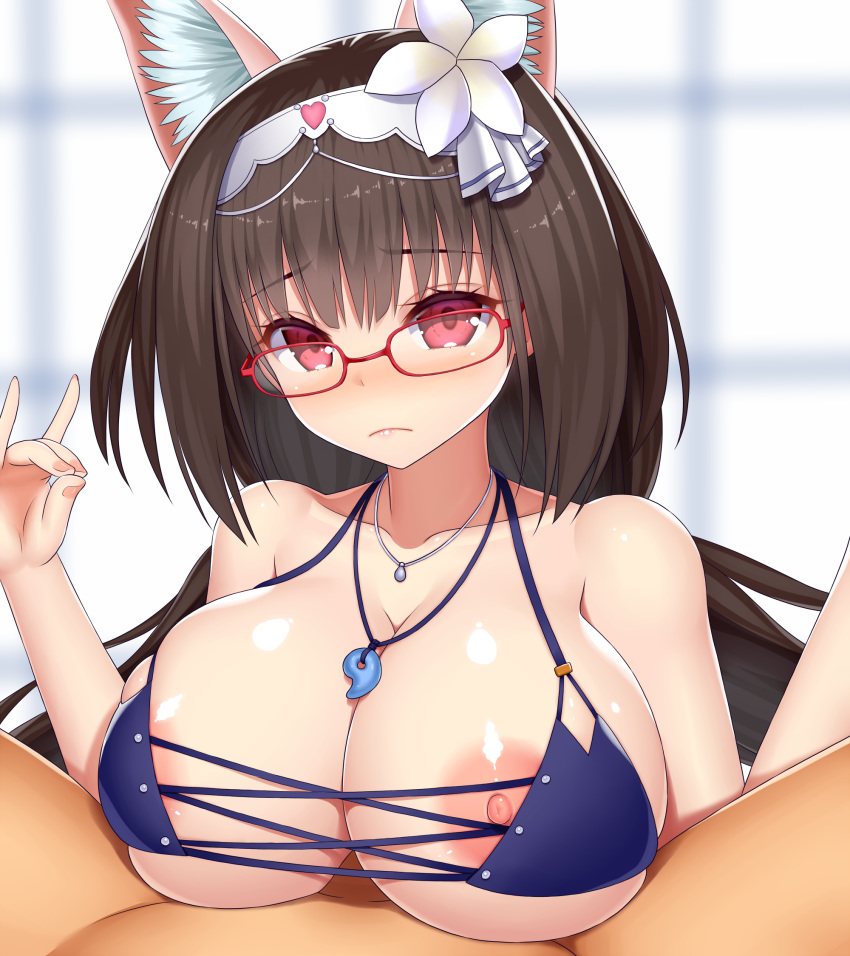 1girl animal_ears areola_slip areolae asamura_hiori bangs bare_arms bare_shoulders bikini blue_bikini blue_bikini_top blurry blurry_background blush breasts brown_hair cleavage closed_mouth collarbone commentary_request depth_of_field embarrassed eyebrows_visible_through_hair fate/grand_order fate_(series) fingernails flower fox_ears fox_shadow_puppet glasses hair_between_eyes hair_flower hair_ornament hairband hands_up head_tilt heart highres jewelry lady_foxy large_breasts long_hair looking_at_viewer magatama magatama_necklace necklace nipple_slip nipples nose_blush osakabe-hime_(fate/grand_order) out_of_frame paizuri penis red-framed_eyewear red_eyes shiny shiny_hair shiny_skin skindentation solo_focus string_bikini swimsuit upper_body white_flower white_hairband