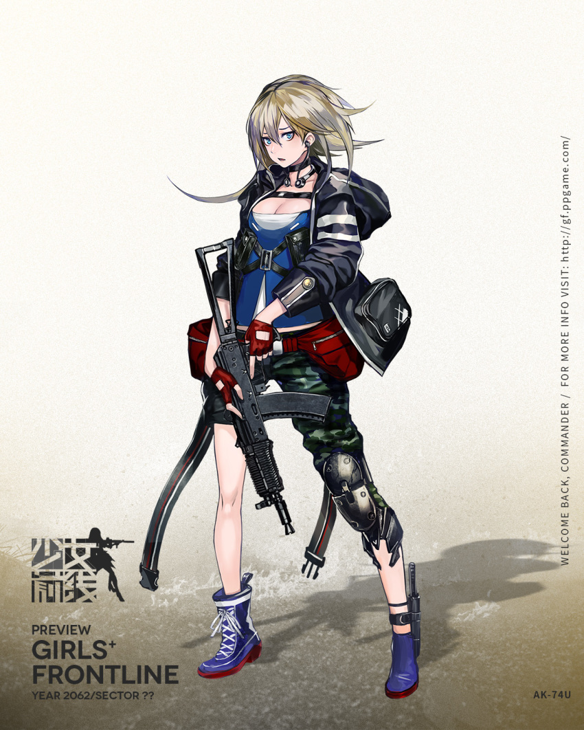 ak-74u_(girls_frontline) aks-74u ammunition_pouch ankle_strap assault_rifle asymmetrical_footwear asymmetrical_legwear asymmetrical_pants bag baggy_clothes baggy_pants bangs blonde_hair blue_eyes blue_footwear blue_tubetop blush boots breasts camouflage camouflage_pants character_name cleavage combat_knife copyright_name cross-laced_footwear earphones fanny_pack fingerless_gloves full_body girls_frontline gloves gun hair_between_eyes headphones headphones_around_neck highres holstered_weapon hood hood_down hooded_jacket infukun jacket knee_pads knife knife_holster lace-up_boots logo looking_at_viewer medium_breasts official_art open_clothes open_jacket open_mouth pants pouch red_gloves rifle short_hair_with_long_locks sidelocks single_knee_pad solo strap strapless trigger_discipline tsurime tubetop weapon