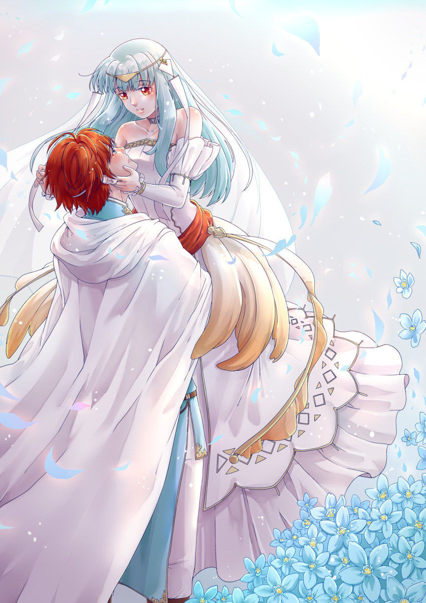 bare_shoulders blue_eyes blue_flower blue_hair blush bouquet bridal_veil bride cape choker circlet couple dress elbow_gloves eliwood_(fire_emblem) fire_emblem fire_emblem:_rekka_no_ken fire_emblem_heroes flower formal gloves groom hand_on_another's_face happy hetero highres husband_and_wife mamkute ninian red_eyes red_hair rokusashu short_hair sidelocks strapless strapless_dress suit tuxedo veil wedding wedding_dress white_cape white_dress white_flower white_gloves