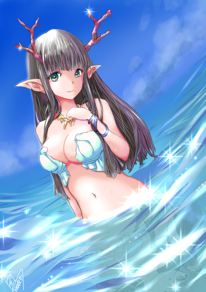 bikini blue_sky breasts brown_hair commentary_request coral_horns dated day fantasy highres horns jewelry long_hair looking_at_viewer medium_breasts navel necklace original outdoors p.i.t.d pointy_ears reflection sky standing swimsuit wading white_bikini_top