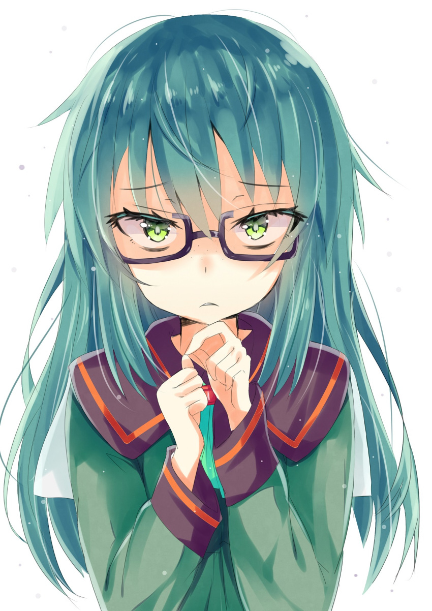 bags_under_eyes bangs black-framed_eyewear collared_shirt commentary_request eyebrows_visible_through_hair freckles glasses green_eyes green_hair green_shirt hair_between_eyes hands_up highres hizaka long_hair long_sleeves looking_at_viewer nimitz_leak parted_lips rance_10 semi-rimless_eyewear shirt simple_background solo under-rim_eyewear upper_body very_long_hair white_background