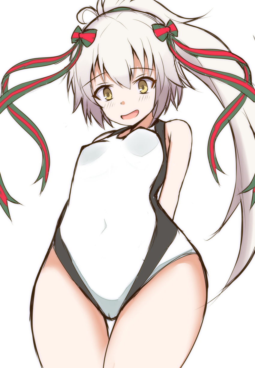 :d absurdres bangs bare_shoulders blush bow breasts brown_eyes casual_one-piece_swimsuit commentary_request covered_navel eyebrows_visible_through_hair fate/grand_order fate_(series) green_bow green_ribbon hair_between_eyes hair_bow high_ponytail highres jeanne_d'arc_(fate)_(all) jeanne_d'arc_alter_santa_lily long_hair mitchi one-piece_swimsuit open_mouth ponytail ribbon silver_hair simple_background small_breasts smile solo striped striped_bow striped_ribbon swimsuit thigh_gap very_long_hair white_background white_swimsuit