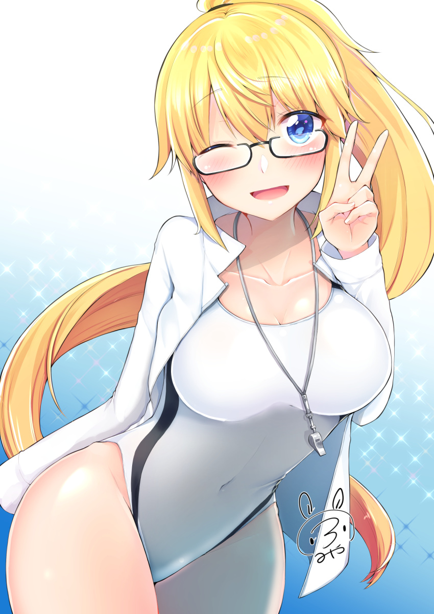 bespectacled black-framed_eyewear blonde_hair blue_background blue_eyes bunsai competition_swimsuit covered_navel cowboy_shot fate/grand_order fate_(series) glasses gradient gradient_background highres jacket jeanne_d'arc_(fate)_(all) jeanne_d'arc_(swimsuit_archer) looking_at_viewer one-piece_swimsuit open_mouth ponytail semi-rimless_eyewear signature smile solo sparkle_background swimsuit swimsuit_under_clothes track_jacket under-rim_eyewear whistle white_background white_jacket white_swimsuit