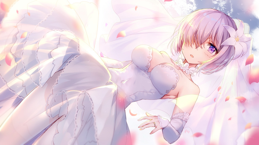 bare_shoulders bison_cangshu breasts bridal_veil bride commentary dress dutch_angle elbow_gloves eyebrows_visible_through_hair eyes_visible_through_hair fate/grand_order fate_(series) flower from_below gloves hair_flower hair_ornament hair_over_one_eye highres jewelry large_breasts lavender_hair looking_at_viewer mash_kyrielight open_mouth pantyhose purple_eyes ring short_hair solo standing veil wedding_band wedding_dress white_dress white_gloves white_legwear