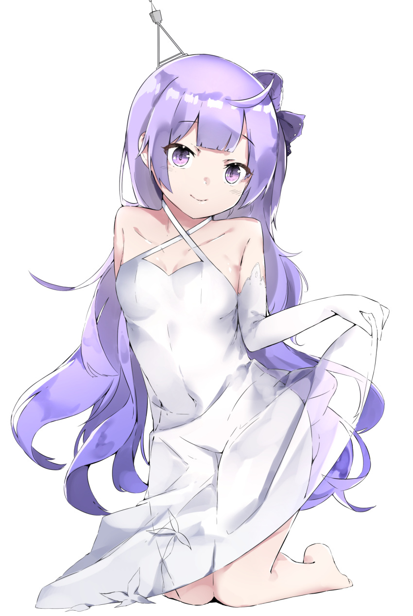 absurdres ahoge azur_lane bangs bare_shoulders barefoot black_ribbon blush breasts closed_mouth collarbone commentary_request cotton_kanzaki criss-cross_halter dress elbow_gloves eyebrows_visible_through_hair full_body gloves hair_bun hair_ribbon halterneck head_tilt highres kneeling long_hair looking_at_viewer one_side_up purple_eyes purple_hair ribbon see-through side_bun simple_background skirt_hold small_breasts smile solo unicorn_(azur_lane) very_long_hair white_background white_dress white_gloves