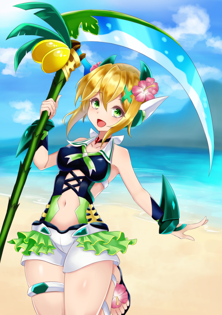 absurdres akatsuki_kirika bare_shoulders beach blonde_hair blush carpathiyo cloud commentary_request day flower frills green_eyes hair_flower hair_ornament headgear highres holding holding_weapon looking_at_viewer navel one-piece_swimsuit open_mouth outdoors sand sandals scythe senki_zesshou_symphogear senki_zesshou_symphogear_xd_unlimited shiny shiny_skin short_hair shorts solo swimsuit water weapon x_hair_ornament