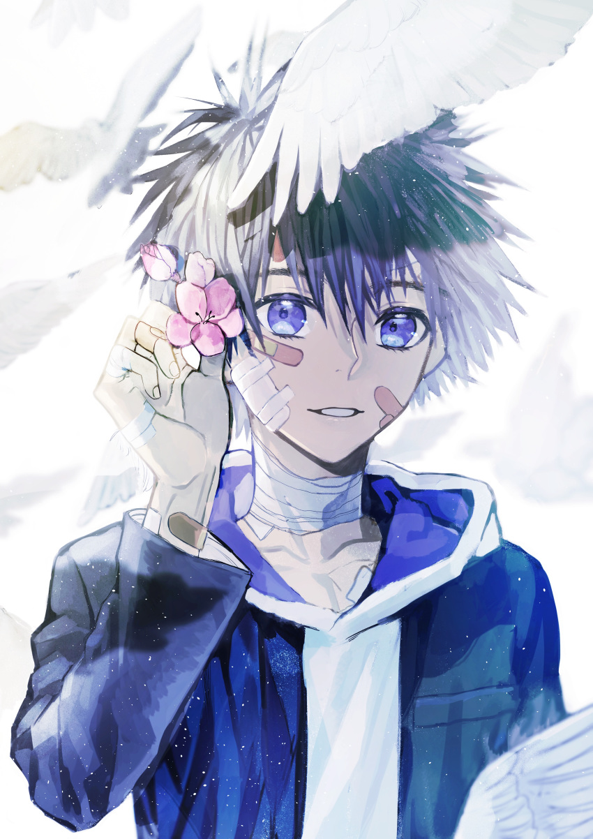 absurdres animal bandaged_fingers bandaged_neck bandages bandaid bandaid_on_arm bandaid_on_face bandaid_on_finger bird blue_eyes blue_hair dove flock flower hair_flower hair_ornament hand_up highres kamijou_touma looking_at_viewer male_focus parted_lips spiked_hair to_aru_majutsu_no_index untit upper_body