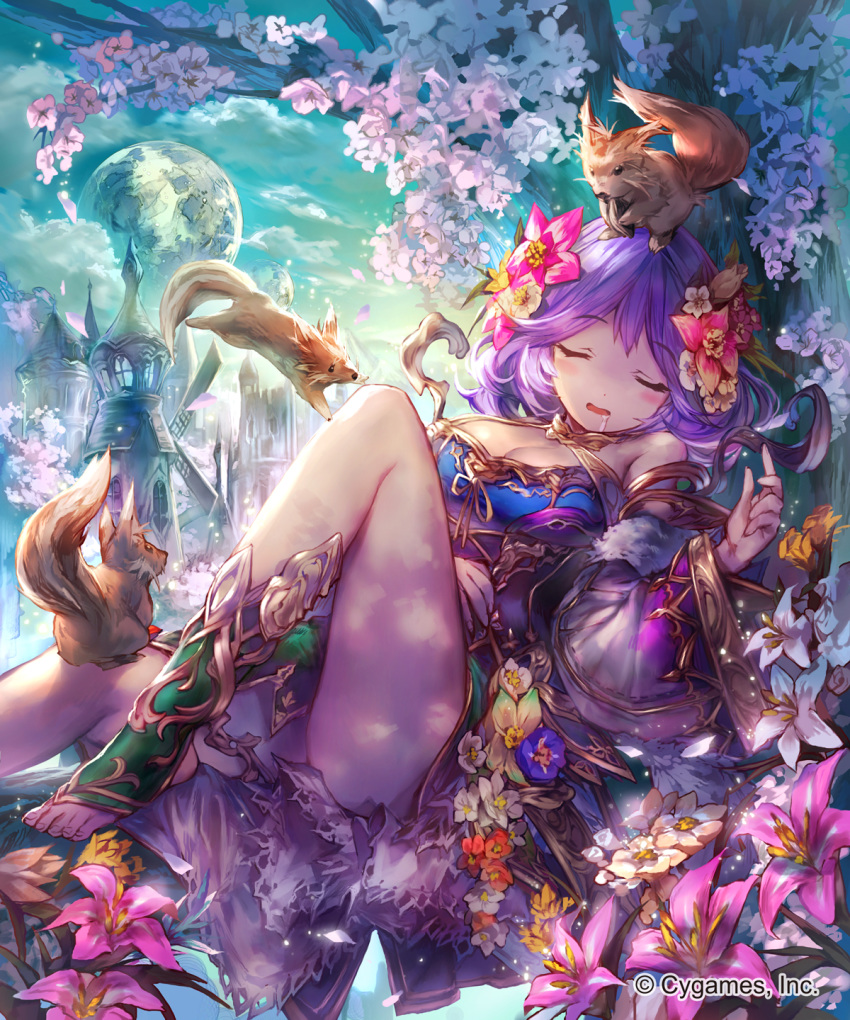 10s 1girl :o animal bangs bare_shoulders blush boots breasts brown_hair building cherry_blossoms cleavage cleavage_cutout cloud copyright_name cygames detached_sleeves dress drooling eyebrows_visible_through_hair eyes_closed fantasy flower hair_flower hair_ornament highres lee_hyeseung light_particles long_hair lying moon on_back plumeria_(shingeki_no_bahamut) shingeki_no_bahamut sky sleeping solo squirrel tower tree windmill