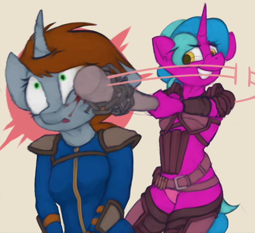 anthro baseball_bat blood duo equine fallout_equestria fan_character female green_eyes horn littlepip mammal marsminer my_little_pony unicorn violence wounded yellow_eyes