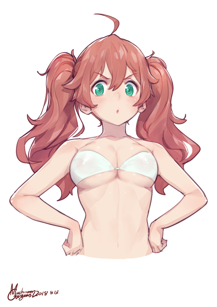 absurdres ahoge bare_shoulders bikini blush breasts brown_hair commentary cropped_torso darling_in_the_franxx dated gorgeous_mushroom green_eyes hair_between_eyes hands_on_hips highres long_hair looking_at_viewer md5_mismatch medium_breasts miku_(darling_in_the_franxx) revision signature simple_background solo stomach swimsuit twintails upper_body v-shaped_eyebrows white_background white_bikini