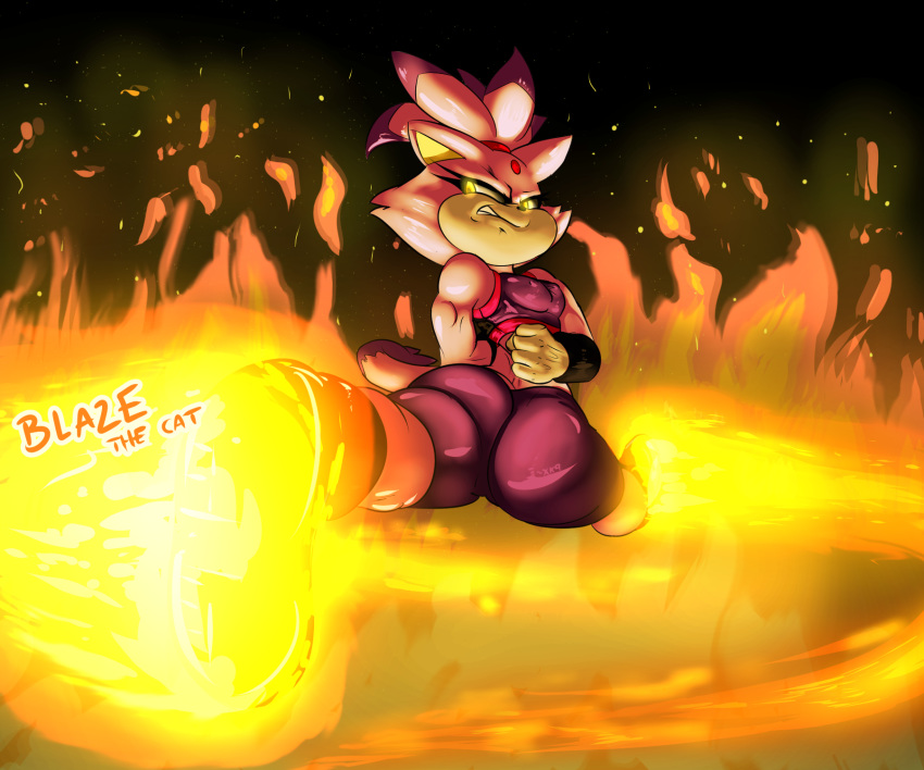 amber_eyes anthro big_butt blaze_the_cat breasts butt clothed clothing curves english_text feline female fire glowing glowing_eyes hair hi_res looking_back mammal small_breasts solo sonic_(series) text thick_thighs tight_outfit xaveknyne