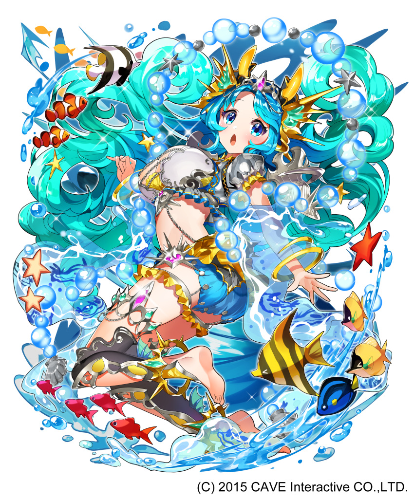 :o absurdres air_bubble akiru_(hokuouhuuhu) anklet aqua_hair bangs barefoot black_legwear blue_eyes blue_sleeves breasts bubble clownfish detached_sleeves frills full_body gothic_wa_mahou_otome hair_ornament headpiece highres jewelry large_breasts long_hair looking_at_viewer midriff official_art parted_bangs seashell see-through_sleeves shell solo sparkle starfish thigh_strap tiara tropical_fish very_long_hair water watermark