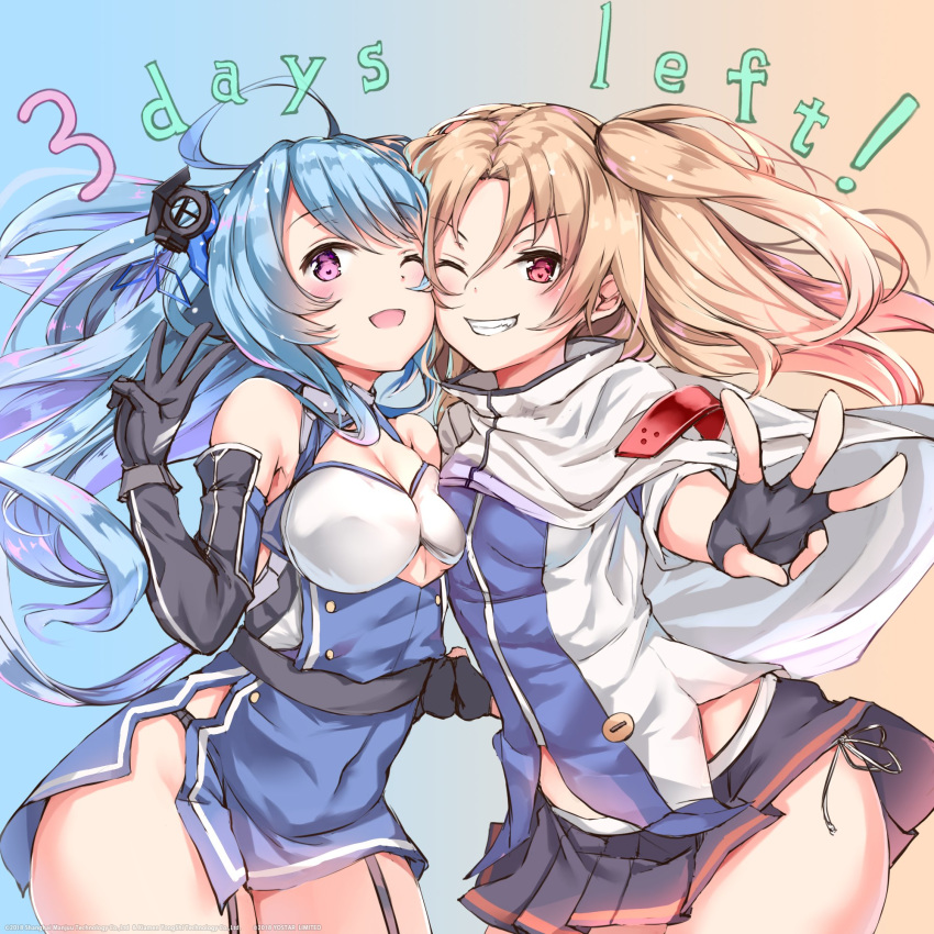 ;d ahoge asymmetrical_docking azur_lane bangs bare_shoulders black_gloves blonde_hair blue_hair blush breast_press breasts capelet cheek-to-cheek cleavage cleveland_(azur_lane) commentary countdown dress elbow_gloves eyebrows_visible_through_hair fingerless_gloves floating_hair garter_straps gloves grin hair_between_eyes hair_ornament hand_up hat helena_(azur_lane) highres holding_hands long_hair looking_at_viewer medium_breasts middle_w multiple_girls one_eye_closed one_side_up open_mouth panties parted_bangs parted_lips pleated_skirt purple_eyes red_eyes side-tie_panties side_slit skirt small_breasts smile underwear very_long_hair w yukishiro_arute