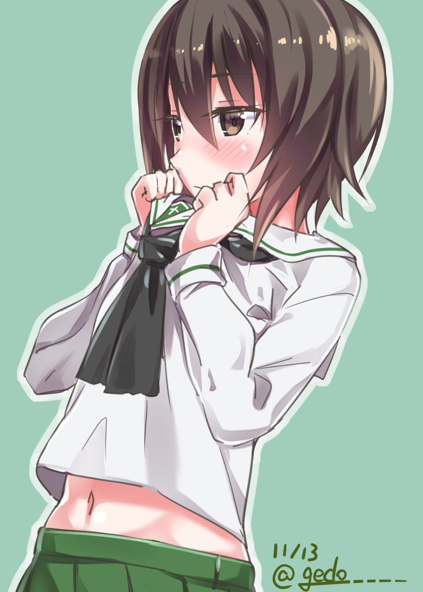 alternate_costume bangs black_neckwear blouse blush brown_eyes brown_hair closed_mouth commentary cross dated eyebrows_visible_through_hair gedoo_(gedo) girls_und_panzer green_background green_skirt highres lifted_by_self light_frown long_sleeves looking_to_the_side midriff navel neckerchief nishizumi_maho ooarai_school_uniform outline pleated_skirt school_uniform serafuku shirt_lift short_hair simple_background single_stripe skirt solo standing twitter_username upper_body white_blouse white_outline