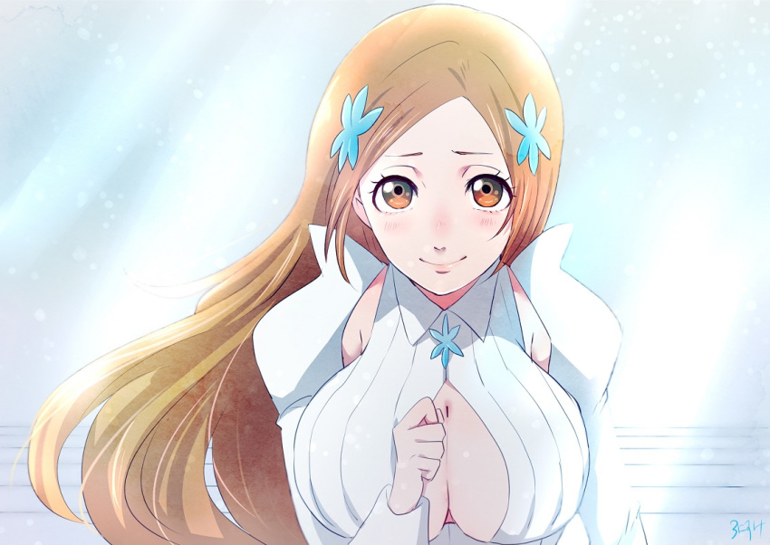 bad_id bad_pixiv_id bleach blush breasts brown_eyes brown_hair cleavage cleavage_cutout detached_sleeves hair_ornament hairpin huge_breasts inoue_orihime long_hair looking_at_viewer ronisuke smile solo