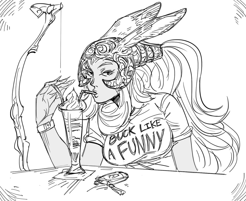 animal_ears bb_(baalbuddy) bow_(weapon) breasts bunny_ears cellphone commentary contemporary dark_skin drinking_straw ears_through_headwear english_commentary final_fantasy final_fantasy_xii fran fuck-me_shirt helmet large_breasts long_hair looking_at_viewer meme_attire parfait phone ponytail pun shirt sketch solo t-shirt viera watch weapon wristwatch