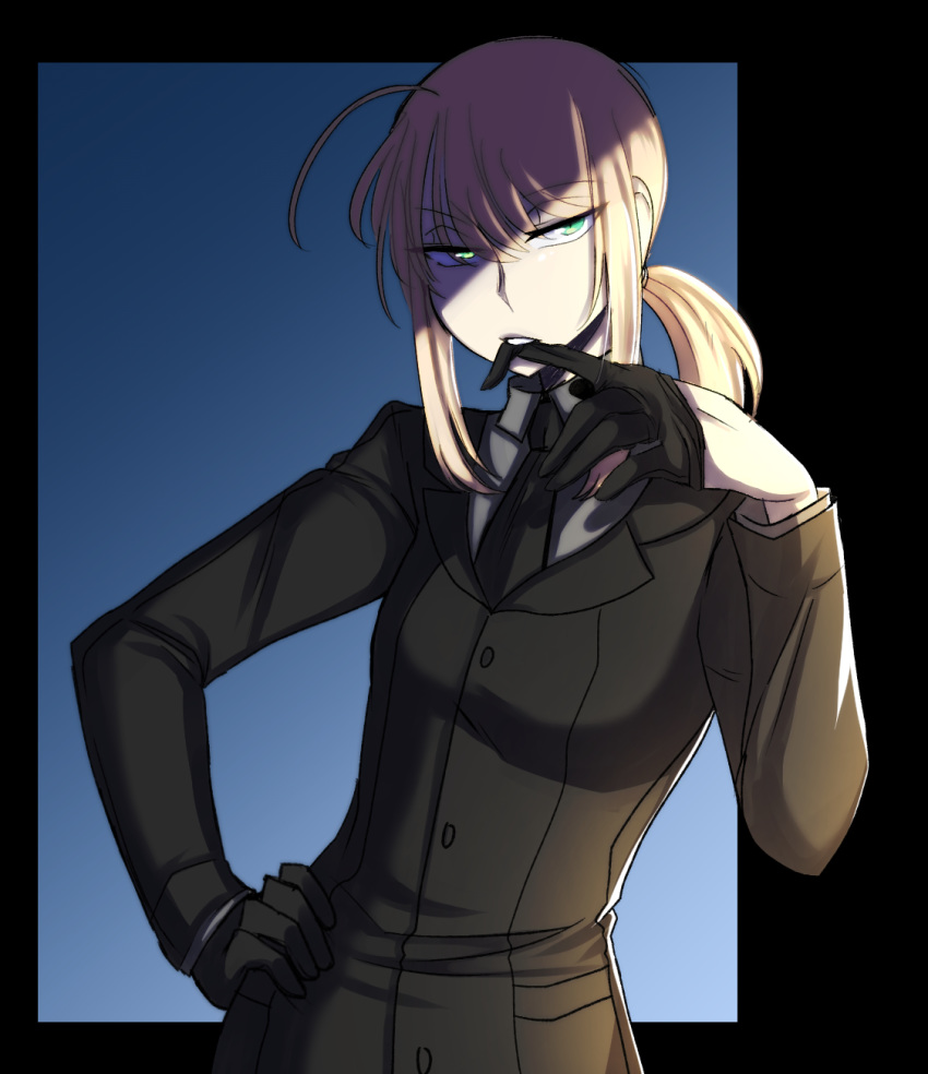 ahoge artoria_pendragon_(all) bangs black_gloves blonde_hair breasts eyebrows_visible_through_hair fate/zero fate_(series) formal glove_pull gloves green_eyes hand_on_hip highres low_ponytail medium_hair mouth_pull necktie pride-kun reverse_trap saber sidelocks small_breasts solo suit