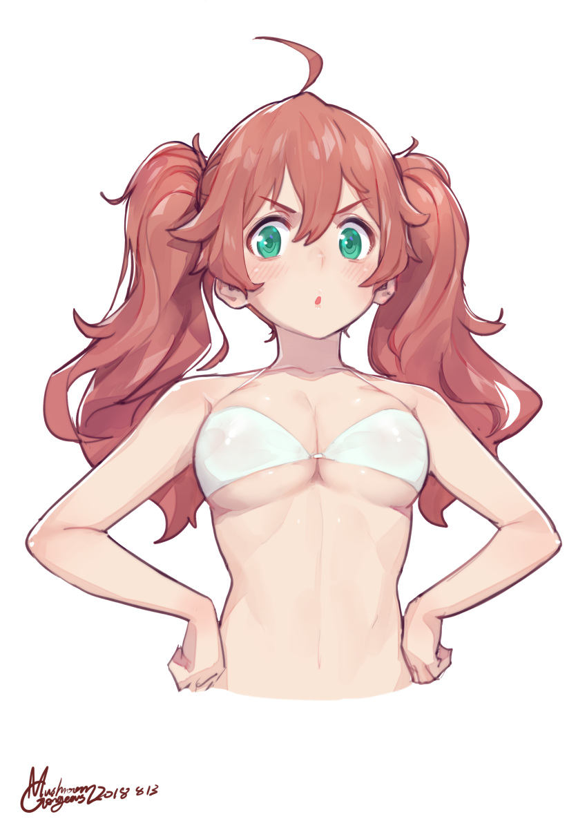 absurdres ahoge bare_shoulders bikini blush breasts brown_hair commentary cropped_torso darling_in_the_franxx dated gorgeous_mushroom green_eyes hair_between_eyes hands_on_hips highres long_hair looking_at_viewer medium_breasts miku_(darling_in_the_franxx) revision signature simple_background solo stomach swimsuit twintails upper_body v-shaped_eyebrows white_background white_bikini