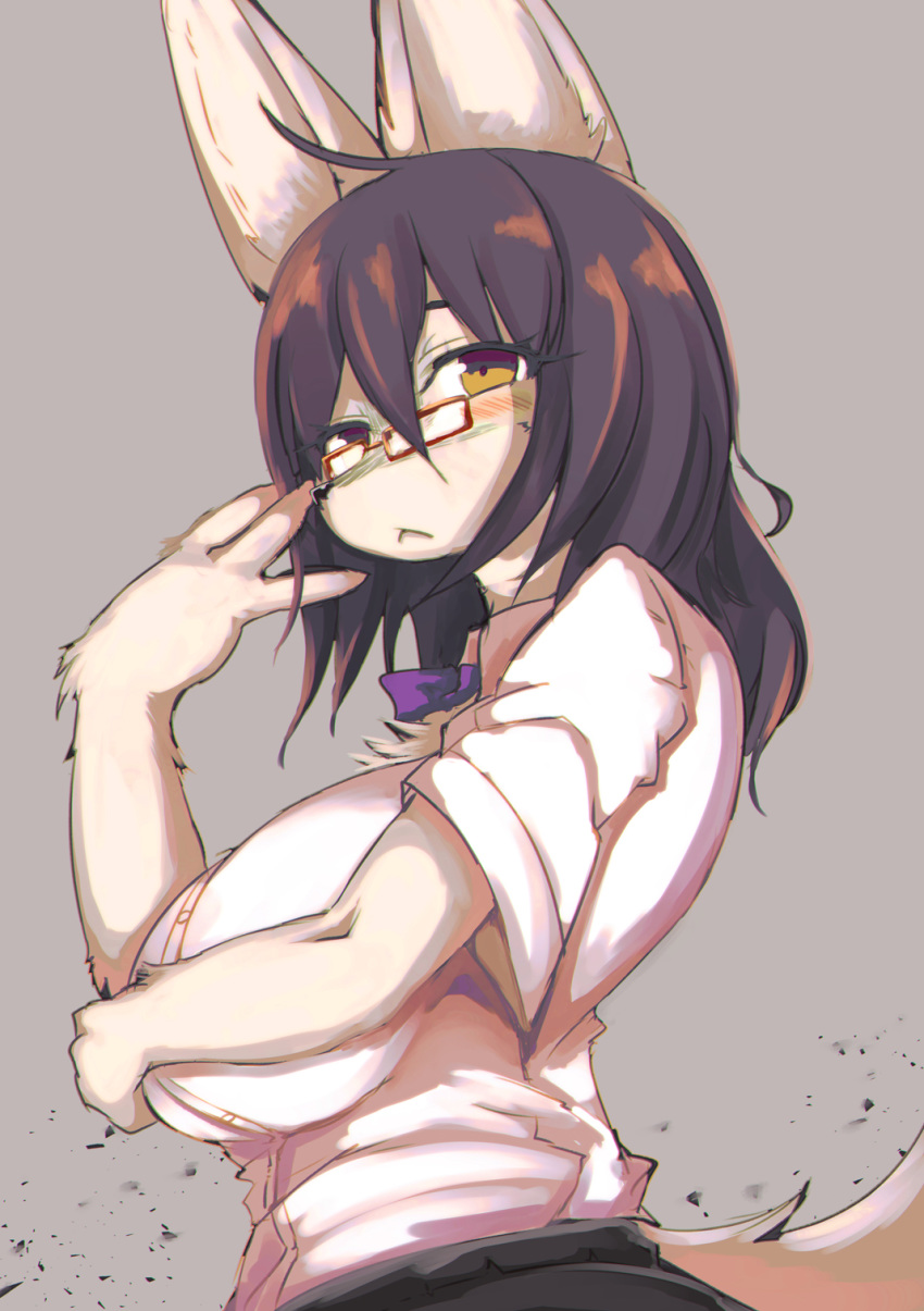 anthro big_breasts breasts brown_eyes brown_hair canine clothing eyewear female glasses hair hand_on_breast long_hair looking_at_viewer mammal shirokoma shirt simple_background solo wolf